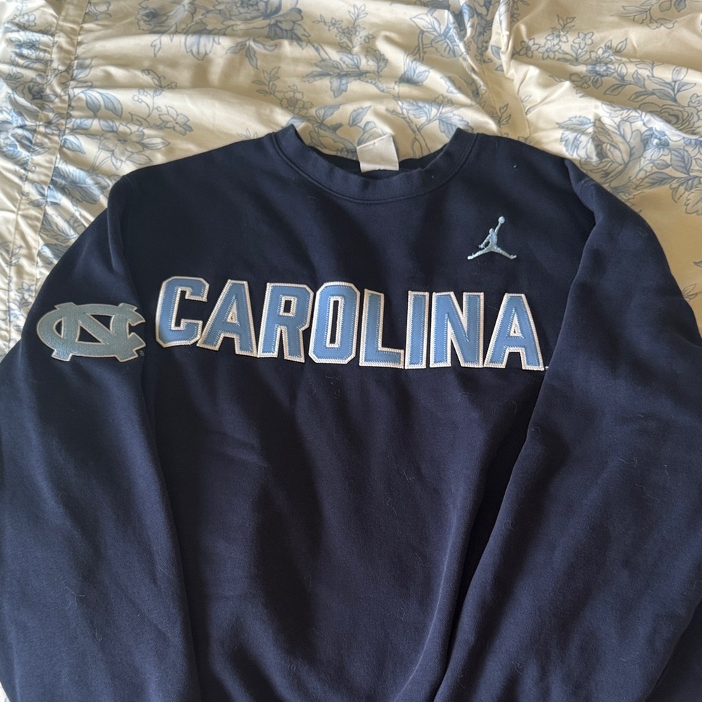 Jordan Men's Carolina Blue and Navy Crewneck Sweater